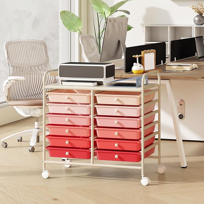 RELAX4LIFE 12-Drawer Rolling Storage Cart - Mobile Utility Cart on Wheels for School Classroom Teacher Office Salon, Paper File Art Supply Craft Organizer, Rolling Cart with Drawers (Gradient Pink)