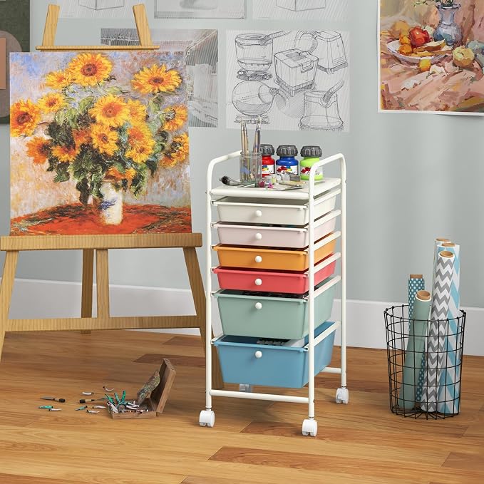 COSTWAY 6-Drawer Rolling Storage Cart, Art Craft Tools Organizer on Wheels | Multifunctional Heavy Duty Utility Mobile Storage Trolley w/ 2 Lockable Wheels for Home Office School (Macaron)