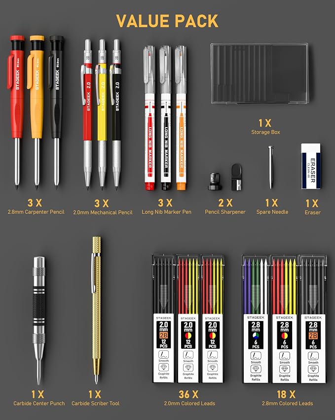 STAGEEK 22 Pack Carpenter Pencil Set with Sharpener | Construction Pencil Set with Deep Hole Long-Nib Markers , Woodworking Tool & Carpenter Pencils for Architect, DIY with Case