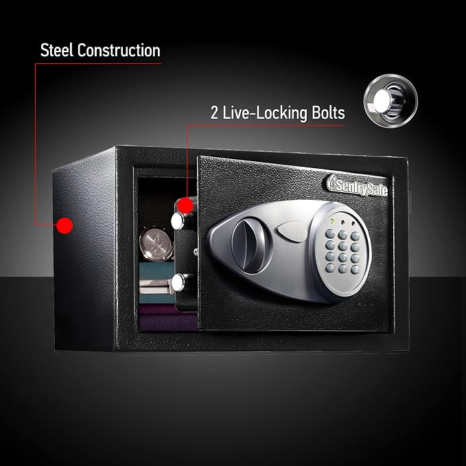 SentrySafe Safe with Digital Keypad Lock, Steel Safe with Interior Lining and Bolt Down Kit for Money, Jewelry, Electronics, 0.58 Cubic Feet, 8.7 x 13.8 x 9.7 Inches, X055 | Steel Safe With Interior Lining and Bolt Down Mounting Kit and Digital Keypad ...