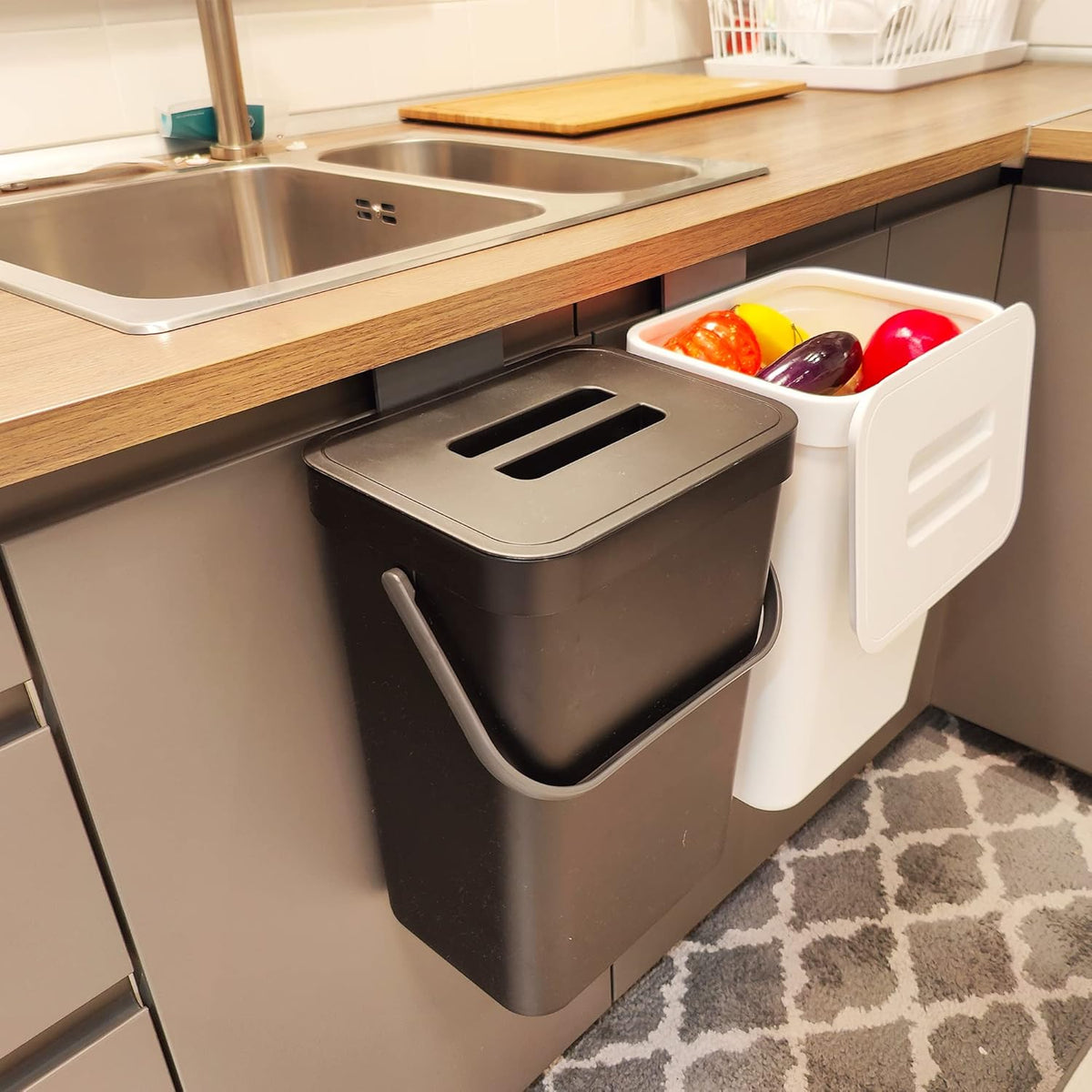 stonespace Under Sink Trash Can，Kitchen Compost Bin, Diaper Pail, 3.2 Gallon/12L Hanging Garbage Can for Baby Crib/Bathroom/Cupboard, Plastic Food Waste Bin,1 Pack Black
