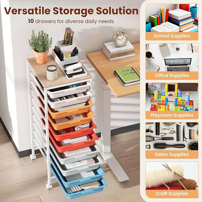 Giantex Rolling Storage Cart with 10 Drawers, Utility Cart w/Wooden Tabletop, Lockable Wheels, Multipurpose Organizer for Art Craft Books Paper, Drawer Carts for Dorm Classroom Office, Macaron