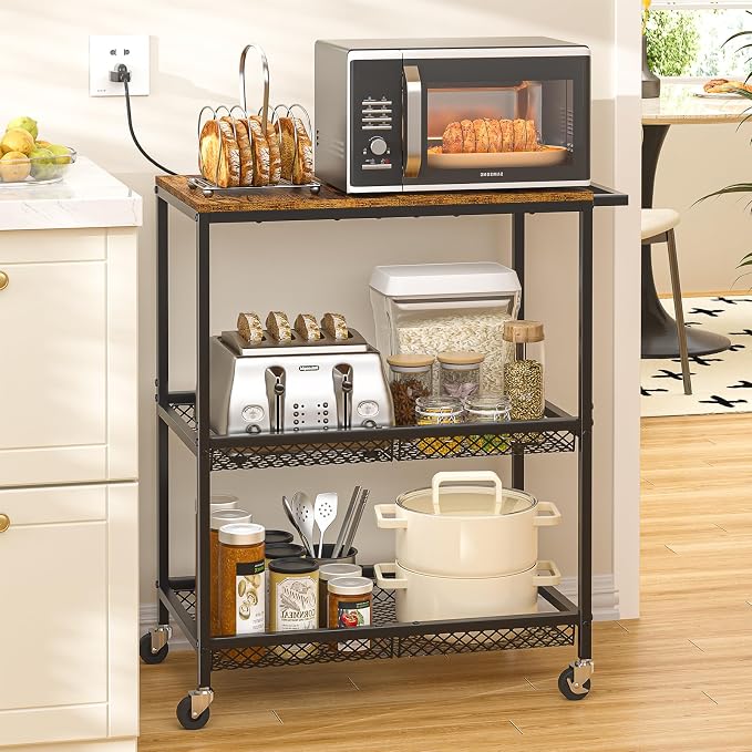 3 Tier Rolling Utility Kitchen Cart on Wheels, Heavy Duty Wire Rolling Cart with Wooden Top, Commercial Metal Serving Cart with Handle, Kitchen Island Food Storage Trolley for Laundry, Office, Garage