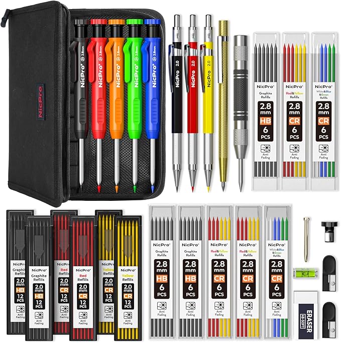 Nicpro 31 Pack Carpenter Pencil Set with Sharpener, Canvas Case | Mechanical Carpenter Pencils + 128PCS Refill, Carbide Scribe Tool, Heavy Duty Construction Pencils for Architect Woodworking