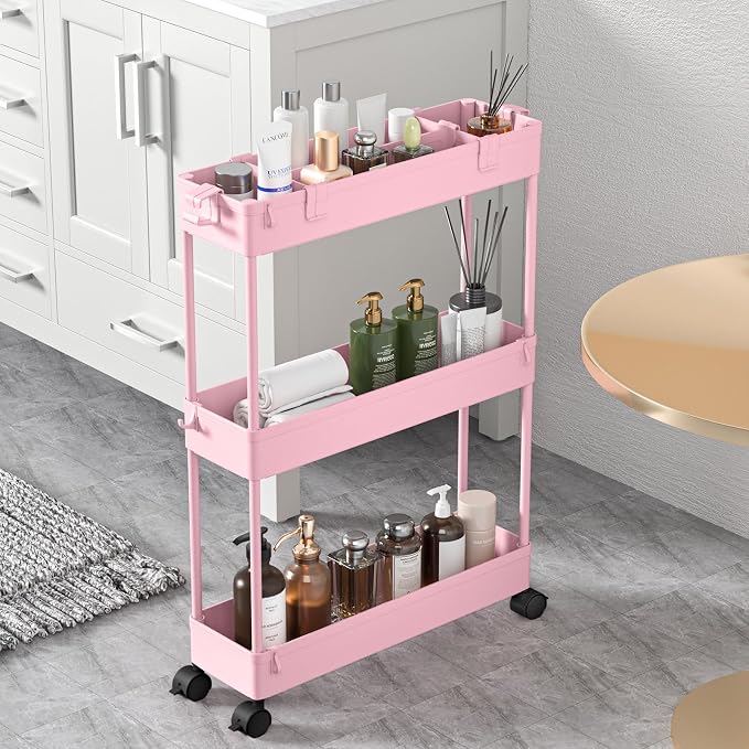 Slim Storage Cart 3 Tier,Bathroom Organizer Rolling Utility,Mobile Shelving Unit Slide Out for Office, Kitchen, Laundry Room & Narrow Places,Pink