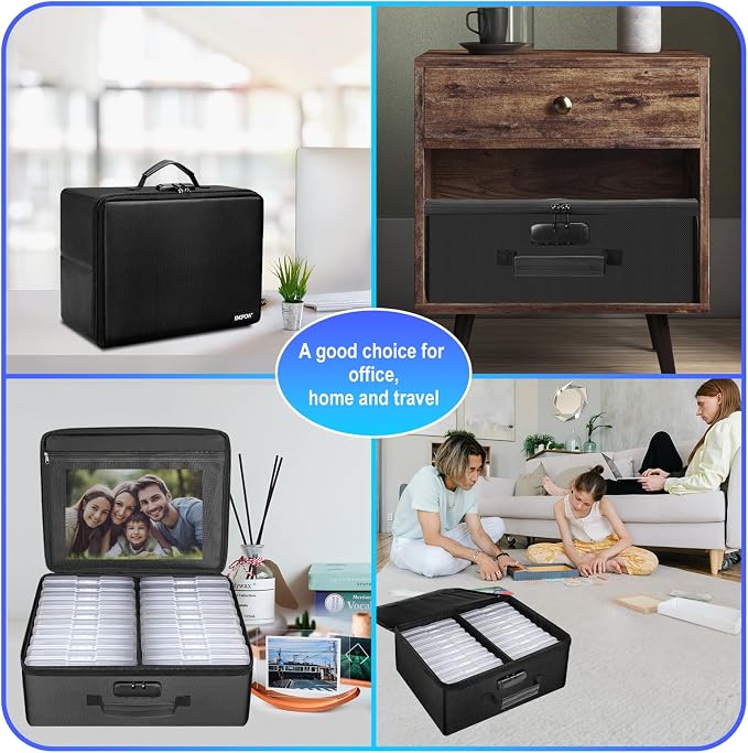 ENGPOW Photo Storage Box with 18 Inner 4" x 6" Photo Case(Clear), Fireproof Photo Organizer with Lock, Collapsible Portable Acid-Free Photo Keeper Craft Storage with Handles for Home, Office, travel