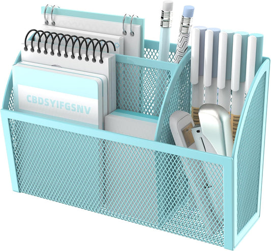 DALTACK Magnetic Pencil Holder - 3-Grid Mesh Shelf for Whiteboard, Refrigerator & Locker - Organizer for Home, School & Office, Blue