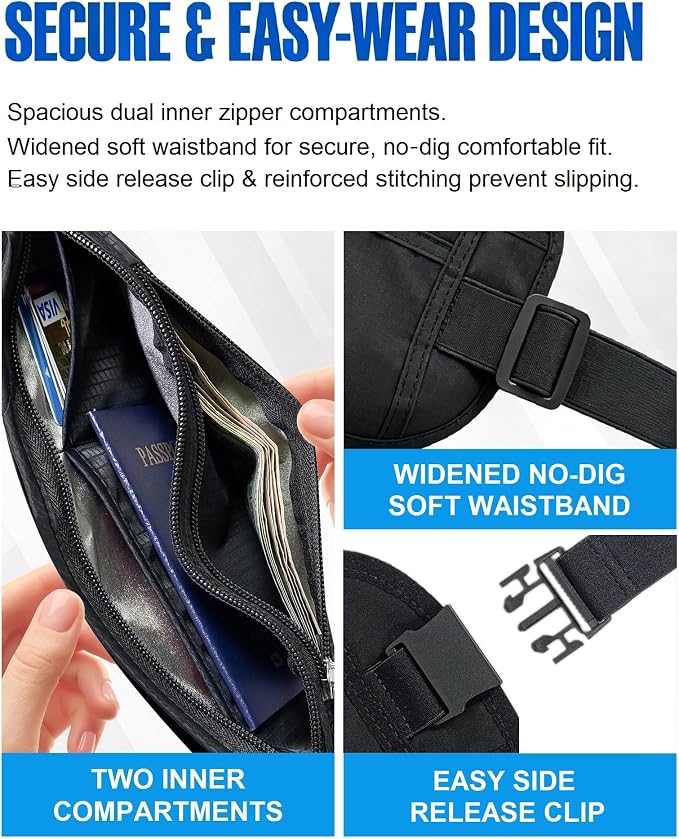 Money Belt for Travel, Passport Holder, RFID Blocking, Extender Strap | 3rd Gen Slim Waist Wallet Anti Theft to Protect Cash, Credit Cards and Document Under-Clothes for Men & Women, Black, Bamneat