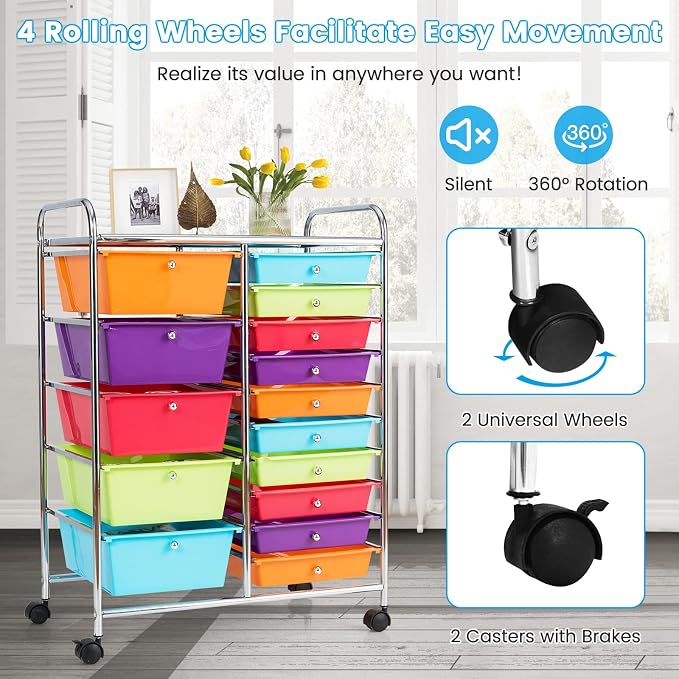 GLACER 15 Drawers Rolling Storage Cart, Steel Frame Craft Organizer Cart | Utility Cart w/Lockable Wheels & Handle, Mobile Art & Tool Supply Trolley for Teacher, Home, School, Office (Multicolor)