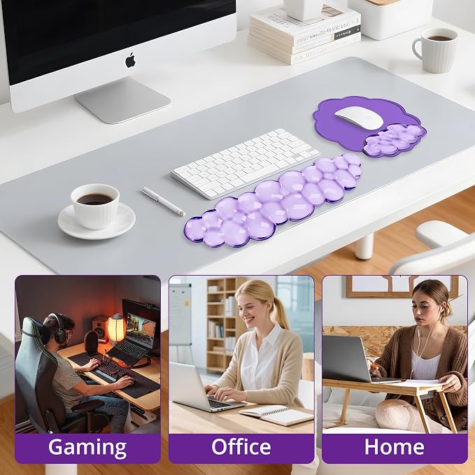 Keyboard Wrist Rest Set — Ergonomic Cloud Wrist Rest Keyboard and Mouse Pad, Non-Slip Desk Accessories for Office and Home（Purple）