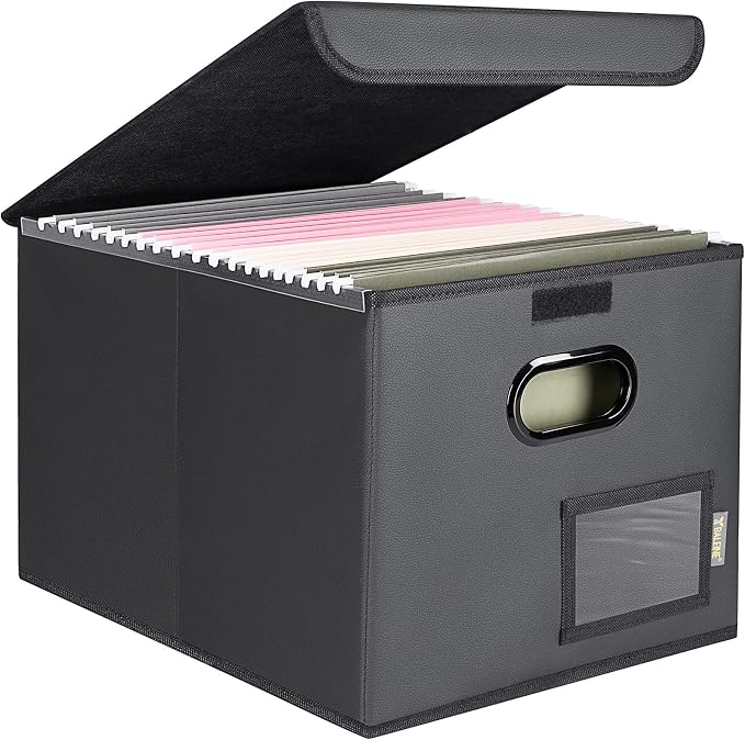 BALEINE File Organizer Box with Lid, Collapsible Hanging File Storage Box | Smooth Plastic Rails, Textured Fabric Exterior, Collapsible Hanging File Folder Box for Office Document Storage