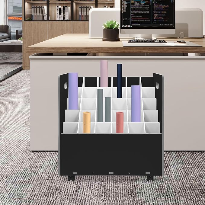 Blueprint Storage Organizer, 30 Slots Mobile Roll File Cart, Construction Plan Holders, Blue Print Cabinet with Wheels, Roll Files Storage for Office Home School (Black, 30 Slots)