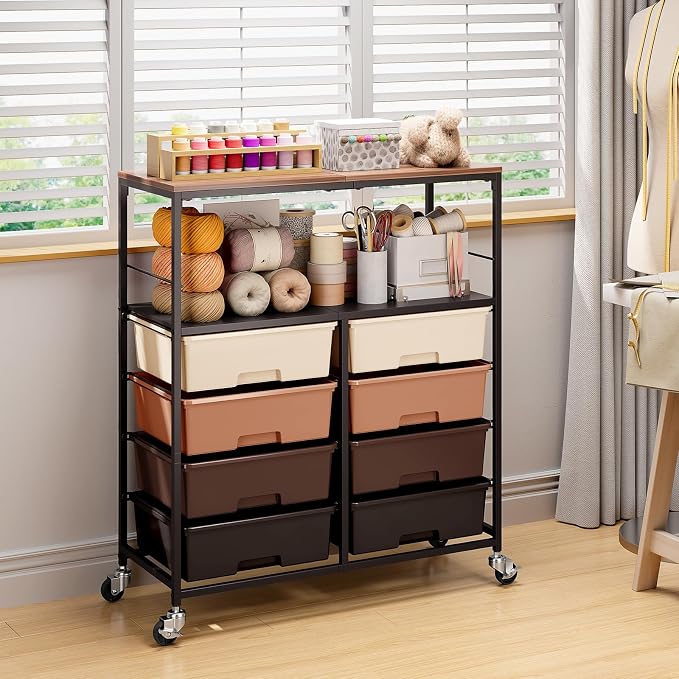Rolling Storage Cart with 8 Large Drawers, Wooden Tabletop | Open Storage Shelves, Mobile Craft Organizer with Lockable Wheels for Home, Classroom, Office Supplies & Art Studio,Brown