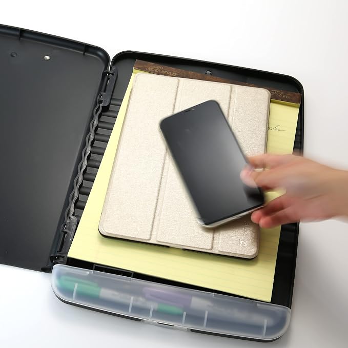 Officemate Slim Clipboard Storage Box, 14.5 x 10-Inches Letter Size Document Organizer, Low-Profile Metal Clip, Separate Pen and Pencil Compartment, Charcoal
