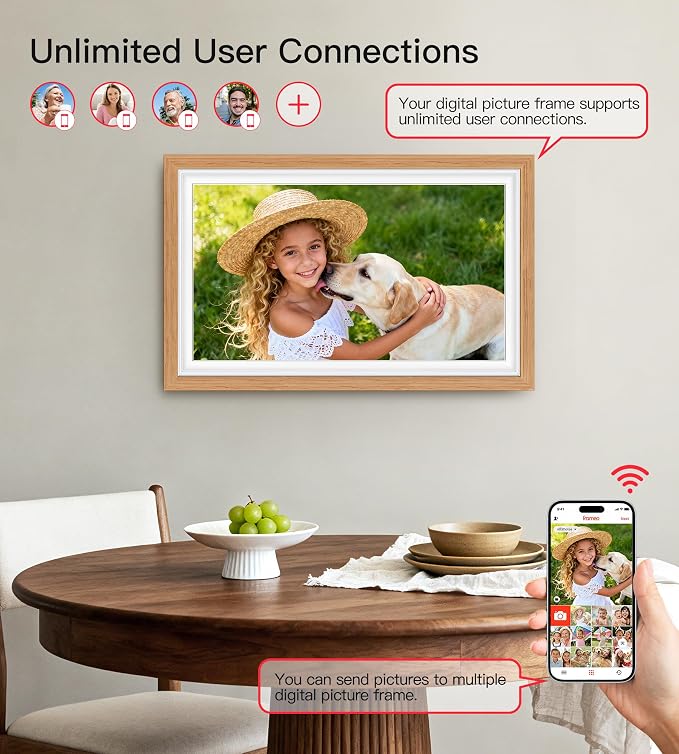 64GB Frameo 15.6" Digital Picture Frame Large 1920 x 1080 IPS FHD Touch Screen WiFi Electronic Photo Frames Share Moments Instantly Anywhere Best Gifts for Parents and Grandparents Natural Wood