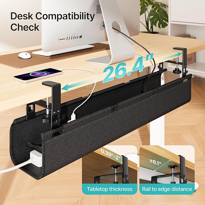 PEGZONE No Drill Under Desk Cable Management Tray, 31.5" Fabric Organizer | Clamp/Screw Premium Mount Cord Holder, for Power Strips, Adapters, with 2 Hooks & 1 Tie Roll for Home Office Gaming, Black