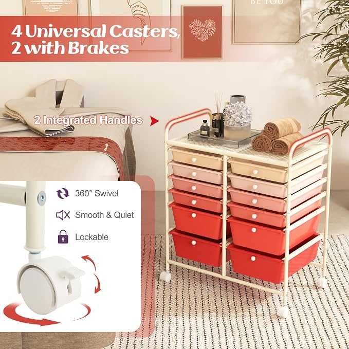 12 Drawer Rolling Storage Cart, Craft Cart Organizer on Wheels w/Metal Frame, Large Capacity & Smooth Drawer, Rolling Cart w/Drawers for Classroom, Office