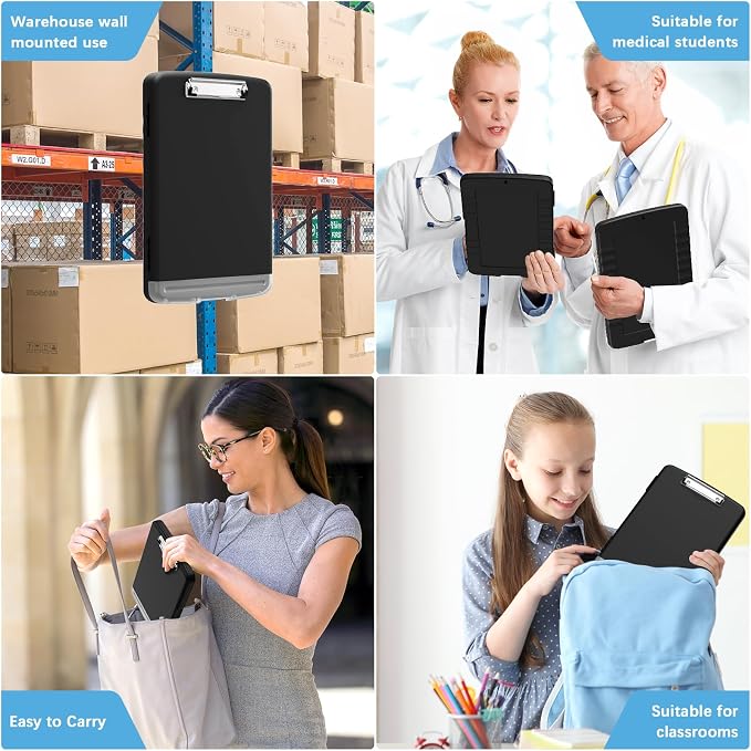 Hongri Clipboard with Storage with Pencil Case, 8.5 x 11 Storage Clip Board | High Capacity Organization Box for A4 Letter Legal Paper, Heavy Duty Folio & Side-Opening for Nurses, Teachers, Black