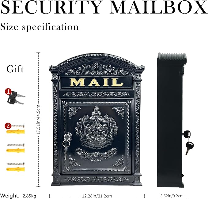 Vintage Mailboxes for Outside, Large Cast Aluminum Locking Mailbox, Weatherproof Metal Mail Boxes for House Outside, Decorative Mailbox Wall Mount for Home Outdoor(12.28"x17.51"x3.62")