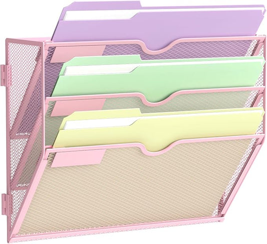 3 Tier Wall File Organizer, Hanging Wall Mounted Mail Organizer with Label Slots, Metal Mesh File Holder Magazine Rack for Office, Home, School, Pink