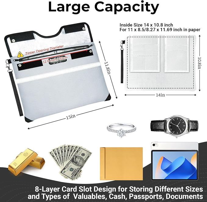6200°F Fireproof Document Bag with Lock, 15x 11.8 Inch Fire Proof Bag for Documents, Fire Proof Money Bags Envelope with Reflective Strip, Water Resistant Fireproof Pouch with Zipper Silver