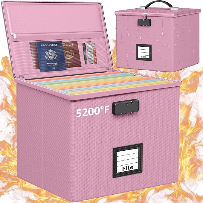 Pink Fire Proof File Box for Documents - Portable Fireproof Document Organizer Box with Handle Waterproof Safe Locking Folder Storage with Lid