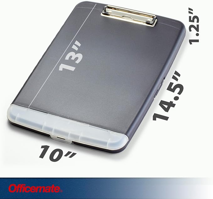 Officemate Slim Clipboard Storage Box, 14.5 x 10-Inches Letter Size Document Organizer, Low-Profile Metal Clip, Separate Pen and Pencil Compartment, Charcoal