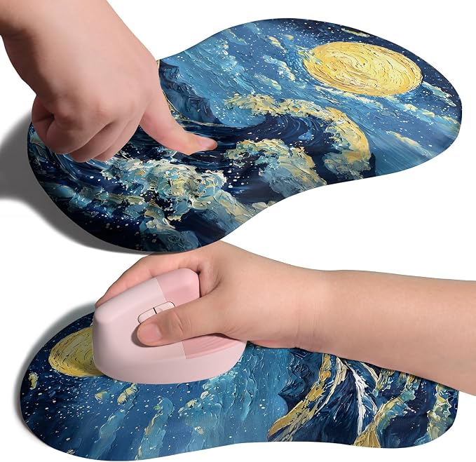 Ergonomic Joint Wrist Support Mouse Pad with Memory Foam Cushion Massage Bump, Carpal Tunnel Pain Relief Mousepad Slope Design for Wrist Rest, 11.8x7.9 in, Waves