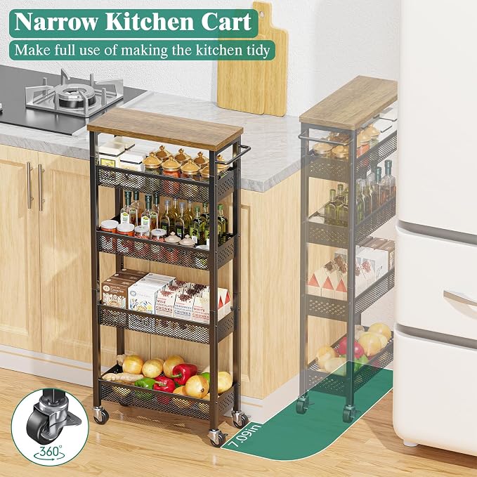 Slim Storage Cart 5 Tier Narrow Kitchen Rolling Cart on Wheels for Small Space, Metal Utility Cart Narrow Bathroom Storage Cabinet Mobile Shelf Unit Organizer with Wood Top and Handle, Black