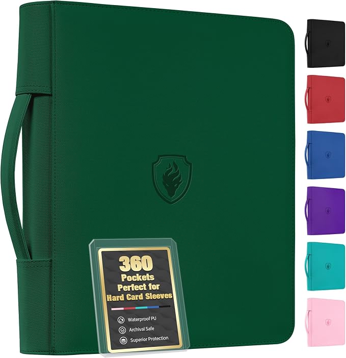 Fabmaker Top Load Binder Holds 360 Cards, Portable Card Binder with Retractable Handle, Side Loading Trading Card Storage for 3"x4" Hard Card Sleeves, Collectible Case for Game Sport Cards, Dark Green