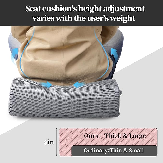 MABOZOO Extra Thick Chair Cushions,Office Chair Booster Seat Cushion to Raise Seat Height for Pain Relief,18 x 16 x 6 inch Non Slip Memory Foam Thick Cushion with Carry Handle（Grey）