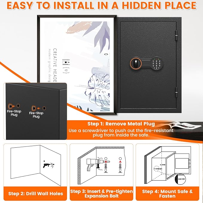 2026 35-Min 1700°F Fireproof Safe, 23.7" Tall 43Lbs Safe Box for Document | with Alarm System, LED Light, Wall Mount Fire Safe for Closet Bedroom, Safes for Home Use Fire Waterproof
