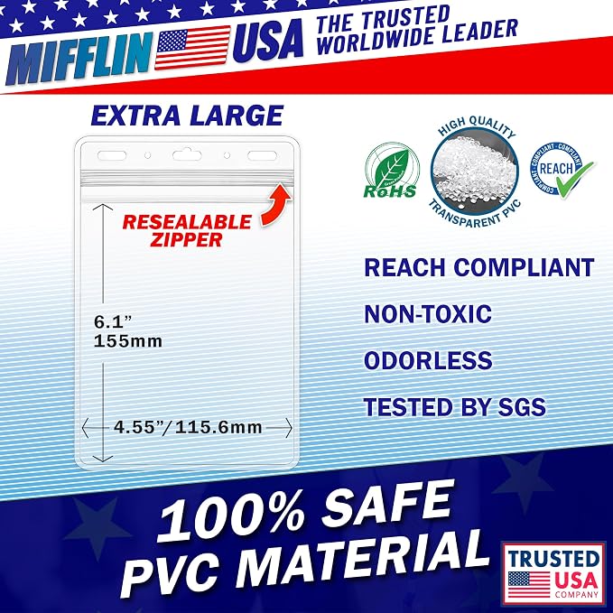 Mifflin-USA Passport & Card Holders (Clear, 4x6 inch, 250 Pack), Extra Large (XXL) ID Name Badge Holder, Waterproof Vertical Plastic Card Holders