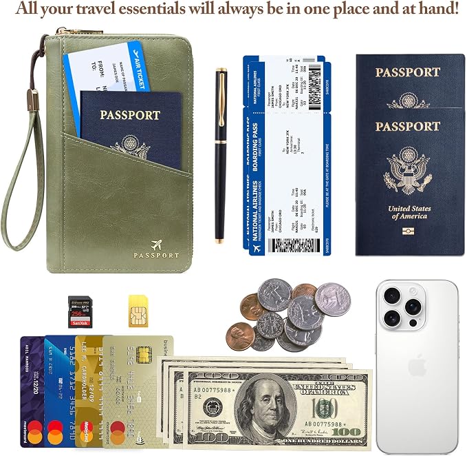 Family Passport Holder for Travel Women and Men RFID Passport Holder with Zipper Passport Case Passport cover Passport Wallet Travel Essentials and Accessories(1-2, Olive)