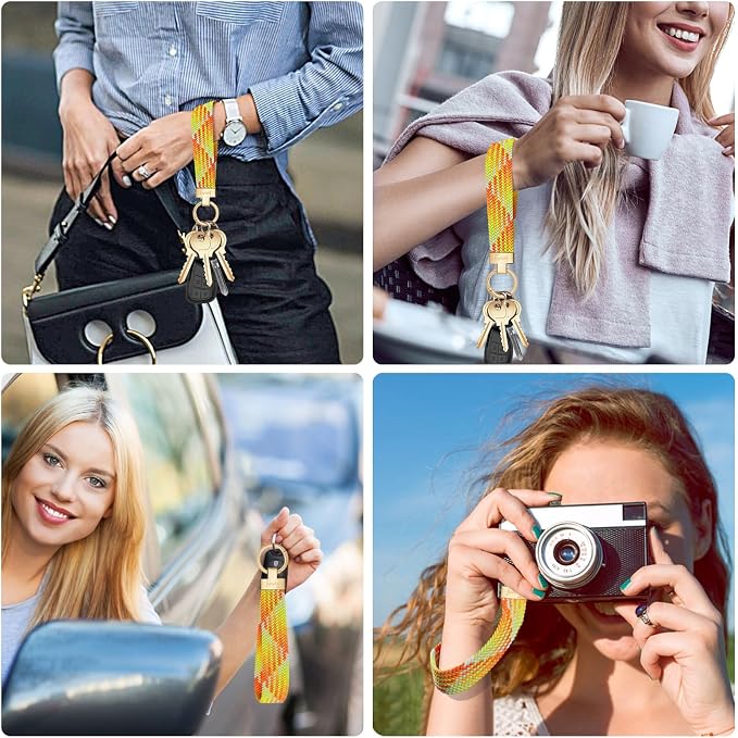 Fishent Stretchy Wristlet Keychain, Cute Key Chain, Woven Wrist Lanyard for Car Keys with 3 Keyrings and D-ring for Women Men