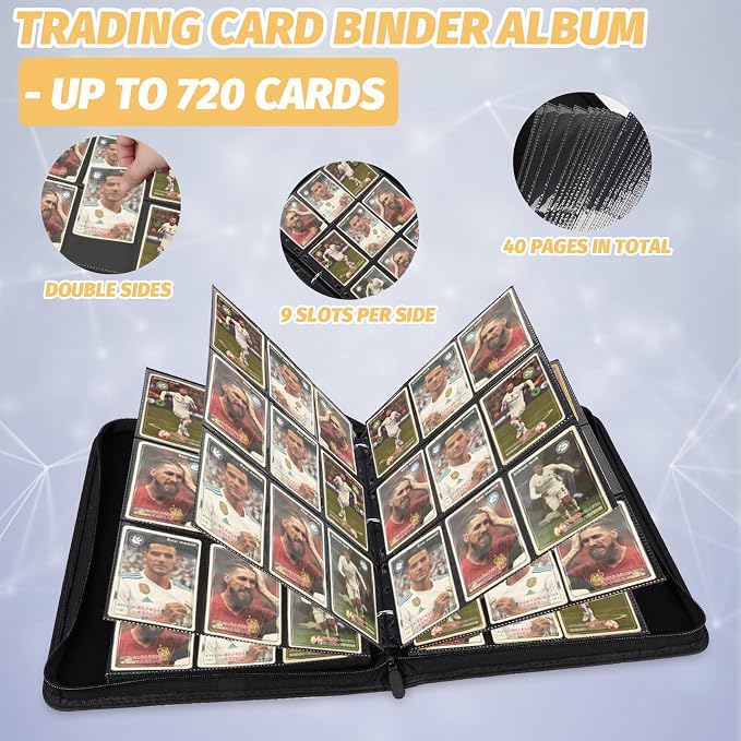 GERMUN 3 Ring 9 Pocket Zipper Trading Card Binder, 720 Double Sided Standard PU Album Folder for TCG & Sports Collectibles, Not Fit Top Loaders (Black)