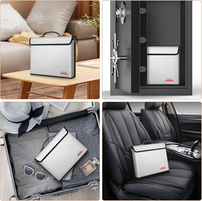 Hontom 6400℉ Fireproof Document Bag with 2 Pockets | Upgraded Material Fireproof Money Bag with Lid, Travel Home Fire Safe Storage Cash Pouch for Important Documents, Silver