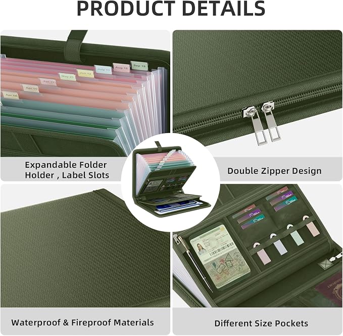 Fireproof Accordion File Organizer, Expanding File Folder with 13 Pockets | Portable Document Organizer with Waterproof Zipper & Labels, File Organizer for Important Document/Paper Storage, Green