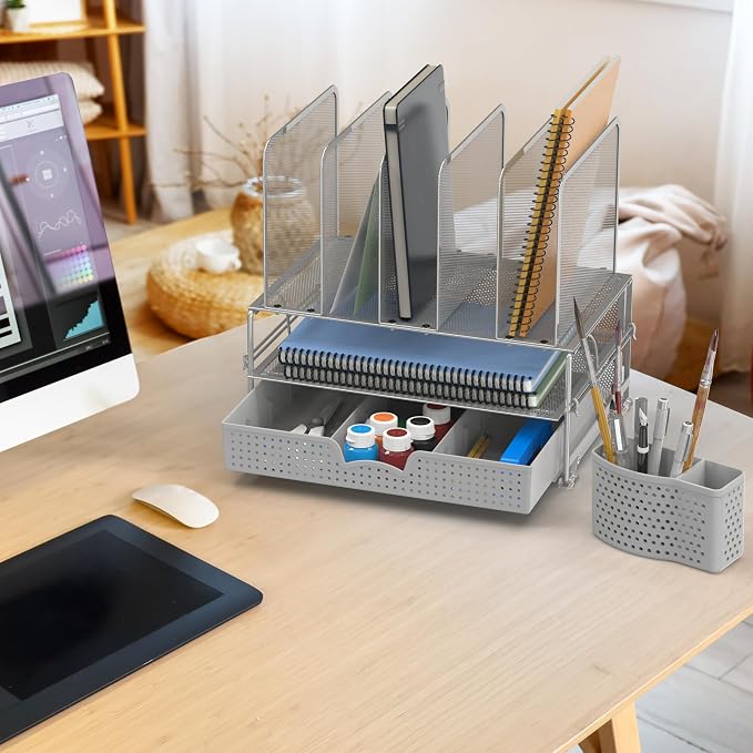 Simple Houseware Desk File Organizer for Office Supplies w/Drawer, Silver | Double Tray, Pencil Holder, and 5 Upright Sections with Sliding Drawer
