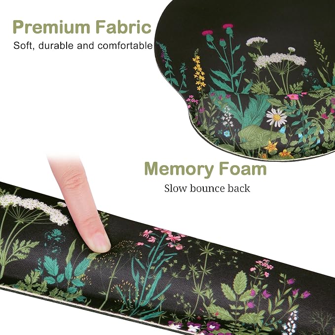 Ergonomic Mouse Pad with Wrist Rest and Keyboard Wrist Rest, Mousepad | Memory Foam Wrist Rest for Computer Keyboard, Pain Relief, Non-Slip Base, Black Mouse Pad Wrist Support for Gaming, Flower