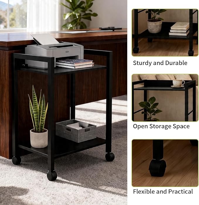 Small Rolling Printer Stand, 2-Tier Mobile Cart with Shelf for Home Office | Roll it beside your desk for printers, beside your sofa for coffee, or beside your bed for books. One cart, every room.