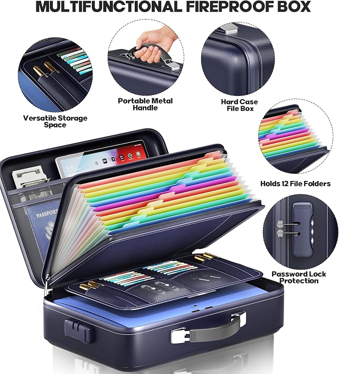 Fireproof Document Box, Hard Case Highly Flame-Resistant Fire Proof Waterproof File Organizer with Lock, Portable Fire Safe for Important Documents & Valuables Storage (Blue, ‎16"*12"*5")