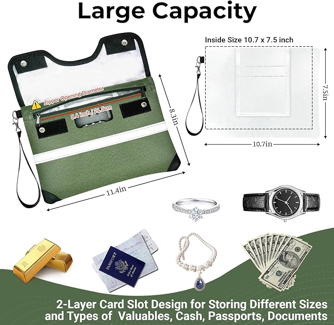 6200°F Fireproof Document Bag with Lock, 11.4 x 8.3 Inch Fire Proof Bag for Documents Storage, Water Resistant Fire Proof Money Bags with Zipper, Fireproof Pouch Cash for Envelope Green