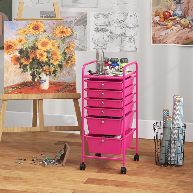 COSTWAY 6-Drawer Rolling Storage Cart, Art Craft Tools Organizer on Wheels | Multifunctional Heavy Duty Utility Mobile Storage Trolley w/ 2 Lockable Wheels for Home Office School (Hot Pink)