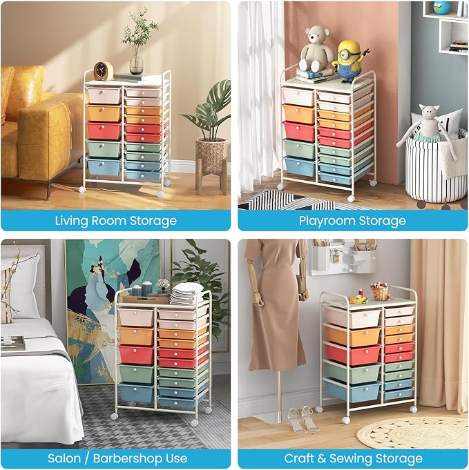 RELAX4LIFE 15-Drawer Storage Drawer Carts - Mobile Rolling Utility Cart w/Wheels, Craft Organizer for Classroom Organization and Storage, School, Office, Home, Storage Organizer Cart (Macaron)