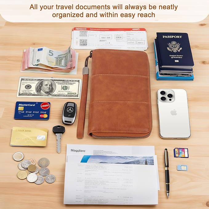 RFID Family Passport Holder Wallet - Travel Document Organizer | PU Leather, with Wristlet, Zipper, Cards, Boarding Pass, ID, Cash, Ticket Pockets,Travel Essentials Gifts for Women Men