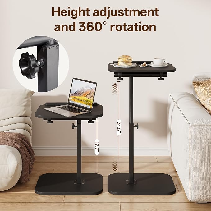 TV Tray Table, Sofa Side Armrest Tray, C Shaped End Table | Adjustable Height, Flip-Top, Snack Side Table with 360° Swivel and 180° Tilt, for Couch, Small Spaces, Bed, Chair, Black