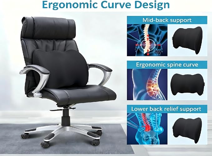 Lumbar Support Pillow Memory Foam Back Cushion for Sciatica & Lower Back Pain Relief Orthopedic Posture Corrector for Office Chair Gaming Chair Car Seat Breathable Washable - Black