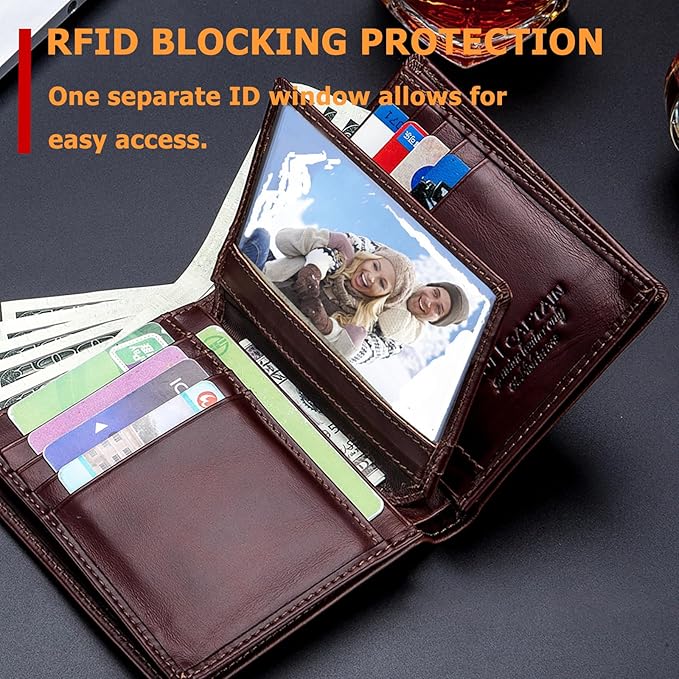 BULLCAPTAIN Large Capacity Genuine Leather Wallet for Men QB-027 | Bifold Wallet,RFID Blocking,Credit Card Holder,15 Card Slots,Special Expandable Design,gift choice