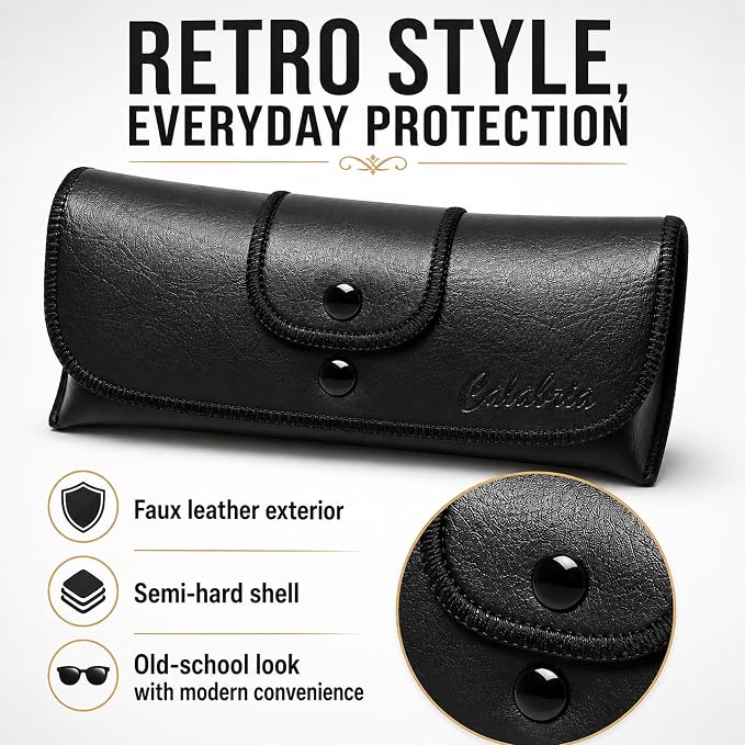 Calabria Double Snap Belt Loop Eyeglass Case PU Leather Black Old School Vintage Eye Glasses Pouch Semi-Hard Sunglass Holder - 12PACK